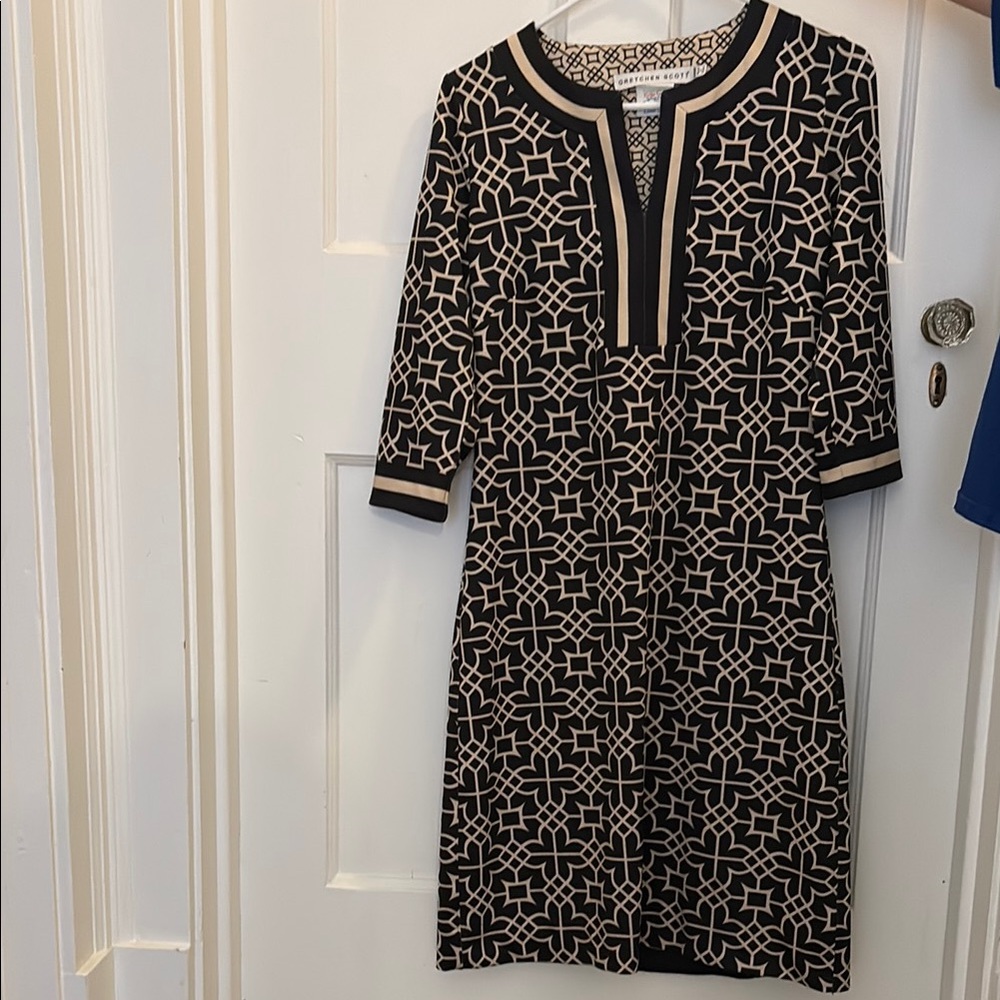 Gretchen Scott Designs Black and Cream Patterned Midi Dress